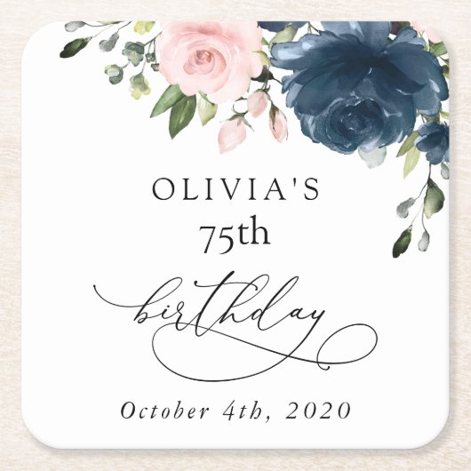 Navy Blue Flowers, Pink Flowers, Boho, Birthday Rechteckiger Pappuntersetzer (Vorderseite)