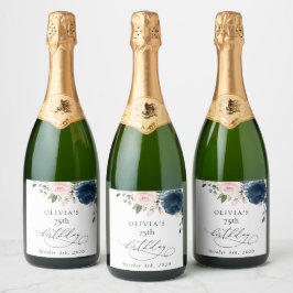 Navy Blue Flowers, Pink Flowers, Boho, Birthday Schaumweinetikett