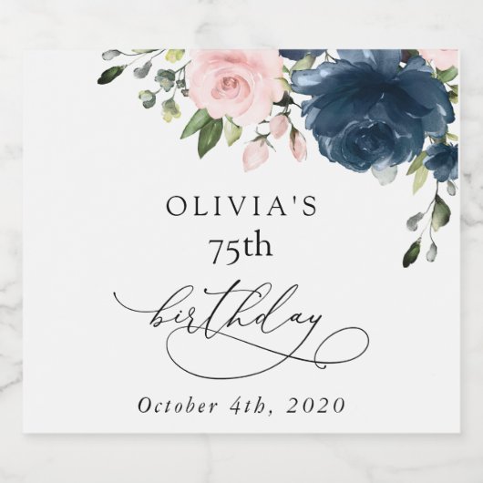 Navy Blue Flowers, Pink Flowers, Boho, Birthday Schaumweinetikett (Einzelnes Label)