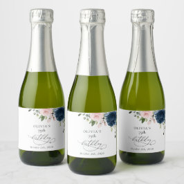 Navy Blue Flowers, Pink Flowers, Boho, Birthday Schaumweinetikett