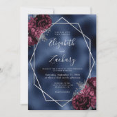 Navy Blue Foil Burgundy Silver Floral Wedding Einladung (Vorderseite)