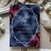 Navy Blue Foil Burgundy Silver Floral Wedding Einladung