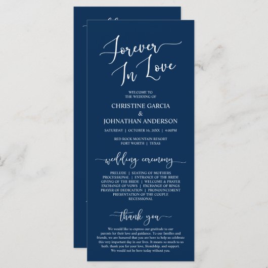 Navy Blue, Forever in Liebe, Hochzeitsfeier Programm (Vorne/Hinten)