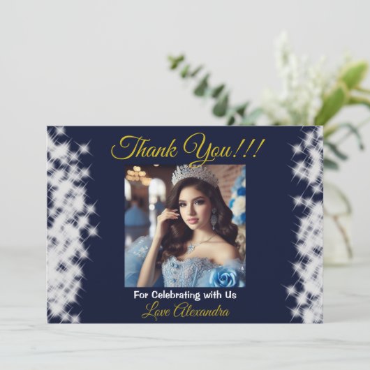 Navy Blue Foto Boho Quinceañera Spanischer Gefalle Dankeskarte (Stehend Vorderseite)