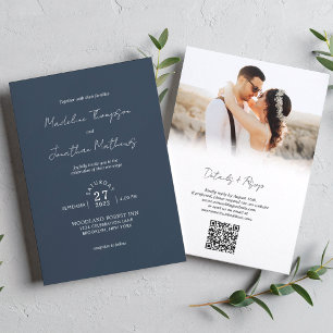 Navy Blue Foto Budget Hochzeit QR Code UAwg Einladung