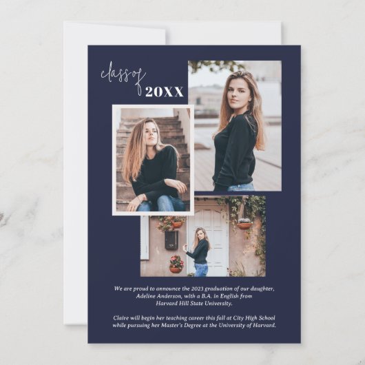 Navy Blue Foto Collage Stilvolle Script-Abschluss Ankündigung (Rückseite)