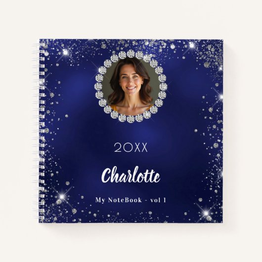 Navy Blue Foto Diamanten Silber Glitzer Notizblock (Vorderseite)