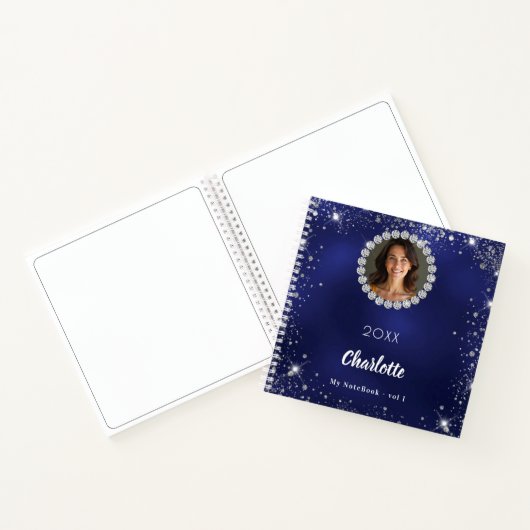 Navy Blue Foto Diamanten Silber Glitzer Notizblock (Innenseite)