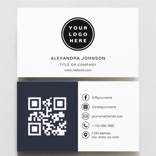 Navy Blue Foto mit QR Code Social Media Visitenkarte