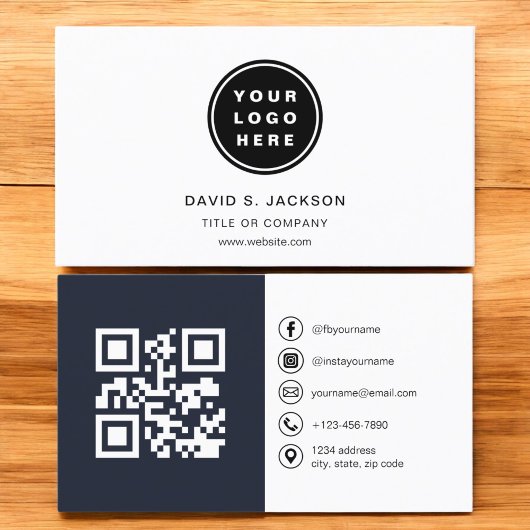 Navy Blue Foto mit QR Code Social Media Visitenkarte