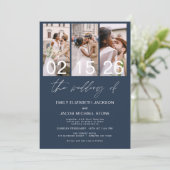 Navy Blue Foto QR Code Hochzeit Minimalistisch Einladung (Stehend Vorderseite)