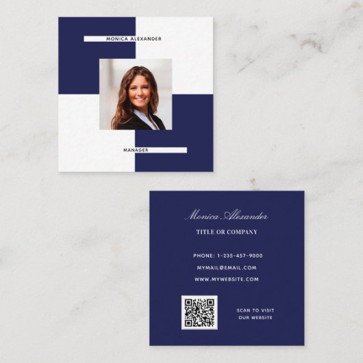 Navy Blue Foto QR Code modern Quadratische Visitenkarte (Vorne/Hinten)