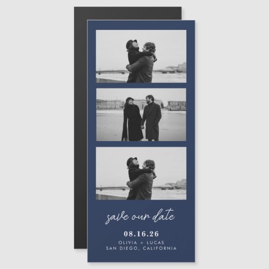 Navy Blue Foto Strip Magnetic Wedding Magnetkarte (Vorne/Hinten)