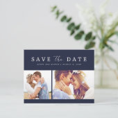 Navy Blue Foto Wedding Save the Date Ankündigungspostkarte (Stehend Vorderseite)