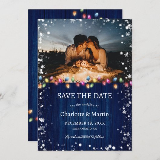 Navy Blue Foto WeihnachtsLICHT Weihnachtsfeier Save The Date (Vorne/Hinten)