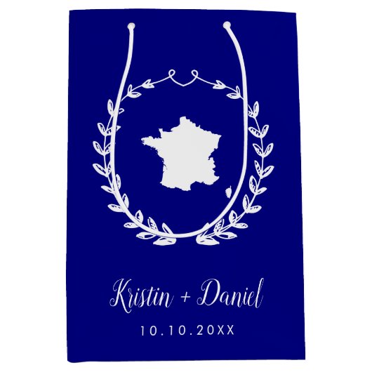 Navy Blue France Map Wedding Welcome Swag Mittlere Geschenktüte (Vorderseite)