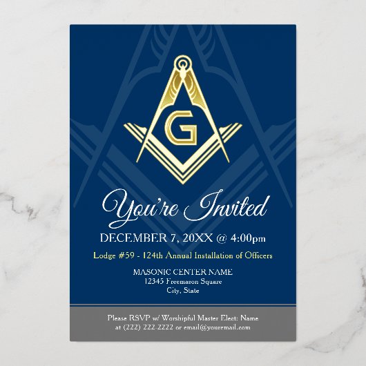 Navy Blue Freemason Real Gold Folieneinladung (Vorderseite)