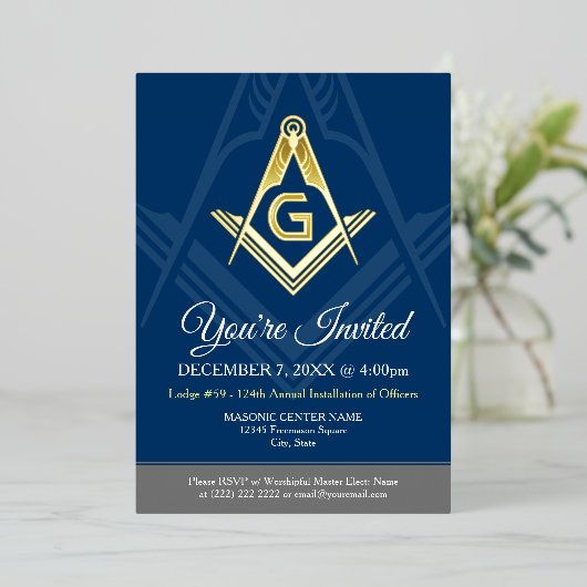 Navy Blue Freemason Real Gold Folieneinladung (Stehend vorne)
