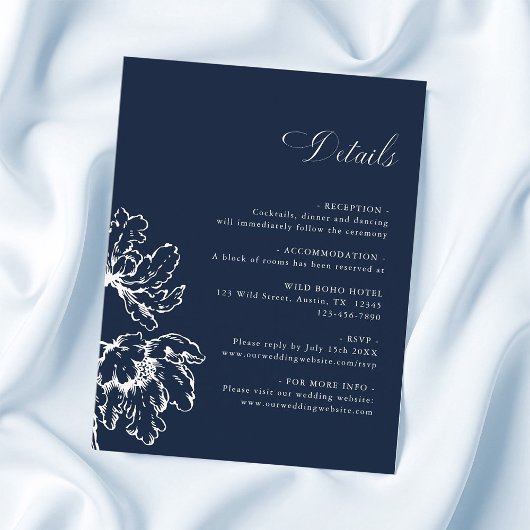 Navy Blue French Floral Wedding Details Begleitkarte