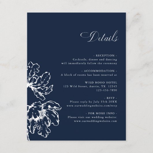 Navy Blue French Floral Wedding Details Begleitkarte (Vorderseite)