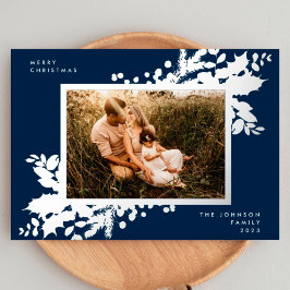 Navy Blue Frohe Weihnachten Holly Foto Silver Folien Feiertagskarte