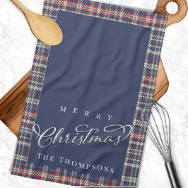 Navy Blue Frohe Weihnachten Karierte Custom Geschirrtuch