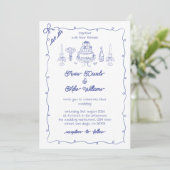 Navy Blue Funky Zeichnend Hochzeit mit Handschrift Einladung (Stehend Vorderseite)