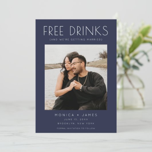 Navy Blue Funny Foto Hochzeit speichern Sie das Da Ankündigung (Stehend Vorderseite)