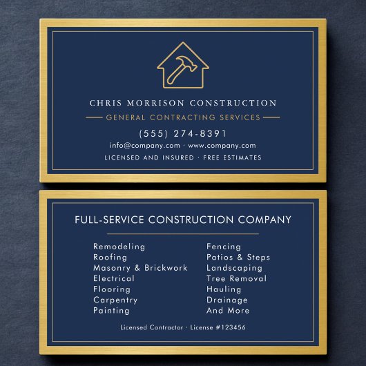 Navy Blue General Contractor Gold Metallic Visitenkarte