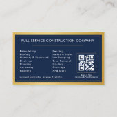 Navy Blue General Contractor QR Code Gold Metallic Visitenkarte (Rückseite)