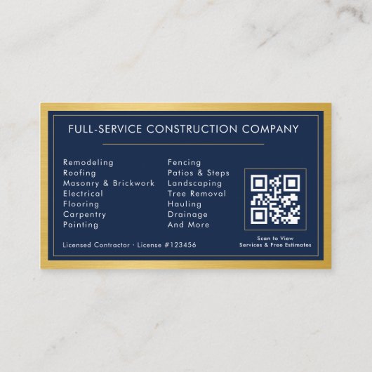 Navy Blue General Contractor QR Code Gold Metallic Visitenkarte (Rückseite)