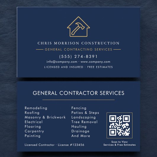 Navy Blue General Contractor QR Code Visitenkarte