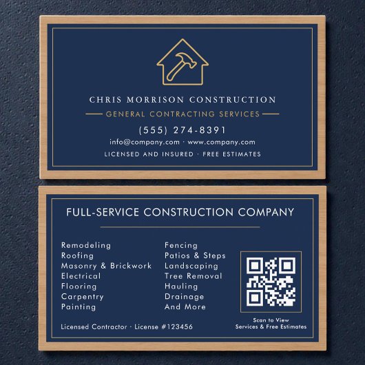 Navy Blue General Contractor QR Code Wood  Visitenkarte