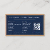 Navy Blue General Contractor QR Code Wood  Visitenkarte (Rückseite)