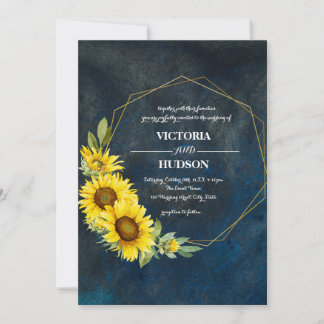 Navy Blue & Geometric Gold Sonnenblumen Einladung