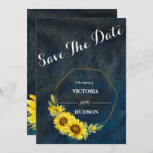 Navy Blue & Geometric Gold Sonnenblumen Save The Date (Vorne/Hinten)