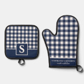 Navy Blue Gingham Kariert Checked Mit Monogramm Ofenhandschuh & Topflappen-Set (Vorderseite)