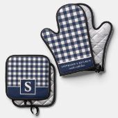 Navy Blue Gingham Kariert Checked Mit Monogramm Ofenhandschuh & Topflappen-Set (Vorderseite/Rückseite)