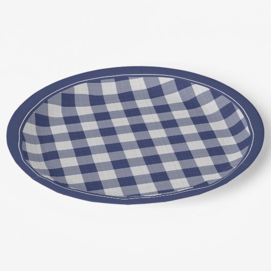 Navy Blue Gingham Karos Pattern Einfach Kariert Pappteller (Schrägansicht)