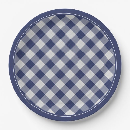 Navy Blue Gingham Karos Pattern Einfach Kariert Pappteller (Vorderseite)