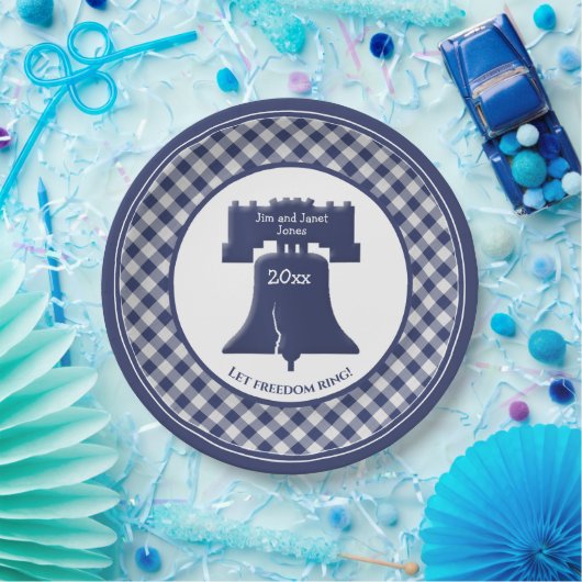 Navy Blue Gingham Liberty Bell Lasse Freiheitsring Pappteller (Party)