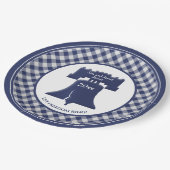 Navy Blue Gingham Liberty Bell Lasse Freiheitsring Pappteller (Schrägansicht)