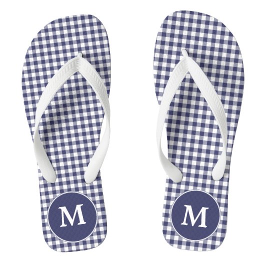 Navy Blue Gingham Mit Monogramm Flip Flops Badesandalen (Fußbett)