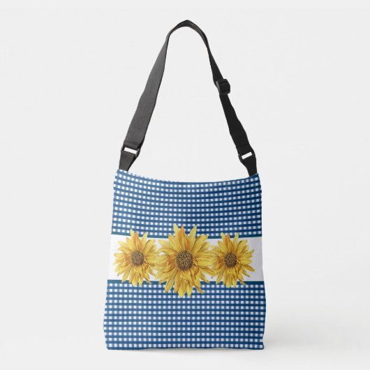 Navy Blue Gingham mit Sonnenblumen Tragetaschen Mit Langen Trägern (Vorderseite)