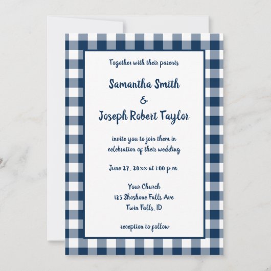 Navy Blue Gingham Pattern Wedding Einladung (Vorderseite)