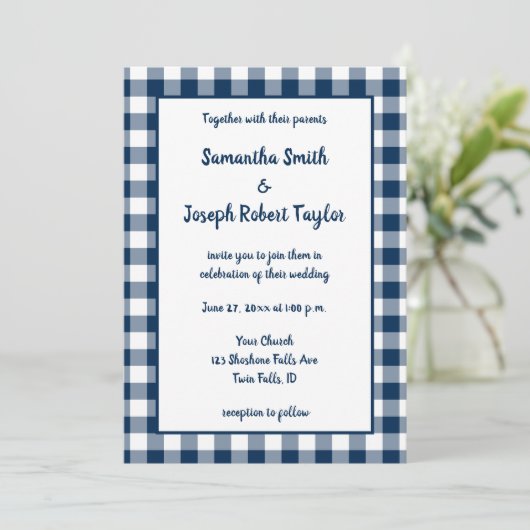 Navy Blue Gingham Pattern Wedding Einladung (Stehend Vorderseite)