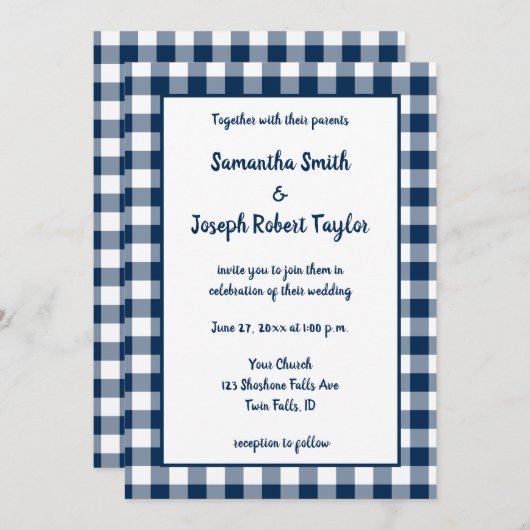Navy Blue Gingham Pattern Wedding Einladung (Vorne/Hinten)