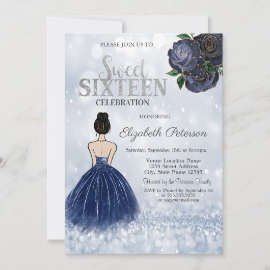 Navy Blue Girl Dress Glitzer Bokeh Sweet 16 Einladung (Vorderseite)