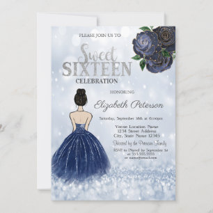 Navy Blue Girl Dress Glitzer Bokeh Sweet 16 Einladung