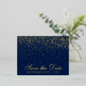 Navy Blue & Glam Confetti Save the Date Real Folie Einladungspostkarte (Stehend vorne)